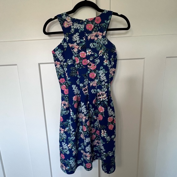 Floral Blue Stretchy Pleated Halter Top A Line Formal Dress - Picture 2 of 6